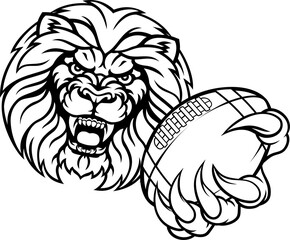 Naklejka premium A lion angry animal sports mascot holding an American football ball