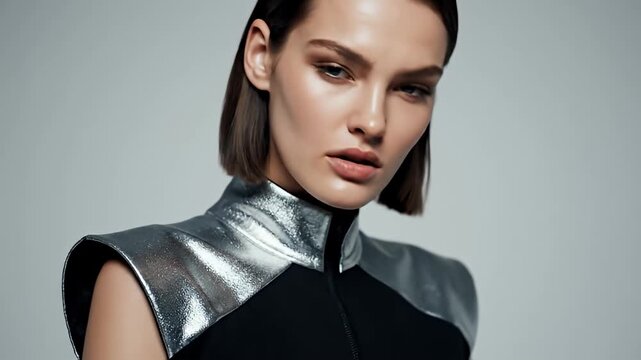 Futuristic portrait of model in silver metallic high collar.