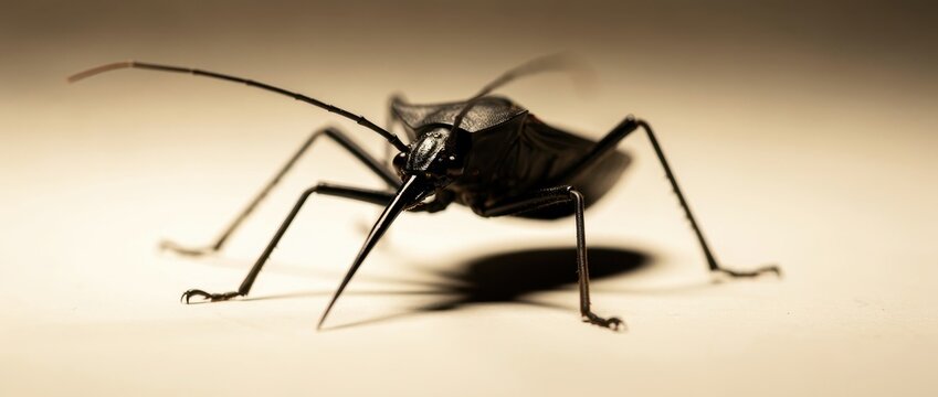 Black predatory insect with long proboscis on plain background. Macro shot of a kissing bug highlighting its exoskeleton and anatomical features. Entomology and pest control concept for research.