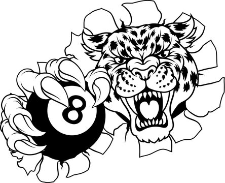 A jaguar, panther, leopard or cheetah wildcat spotted cat billiards pool sports team mascot holding a billiard black 8 ball