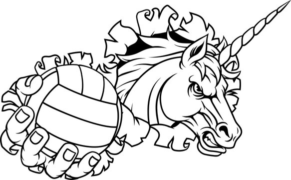 Unicorn horse stallion angry volleyball sports team mascot holding a ball.