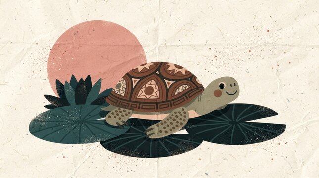 Cute turtle with patterned shell on lily pads. Decorative tortoise illustration against sunset background. Boho wildlife concept for nursery decor and greeting cards.