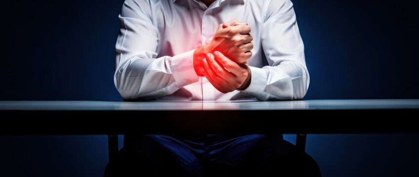 Man in office attire holding his wrist in pain. Red glow highlights joint inflammation or repetitive strain injury at a desk. Healthcare concept for carpal tunnel and workplace safety.