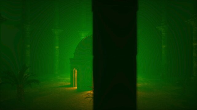Glowing Golden Mosque Shrine Inside Dark Green Foggy Cave