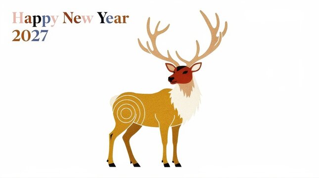 Stylized illustrated reindeer with large antlers on white background. Decorative greeting card featuring Happy New Year 2027 text. Modern winter celebration concept for holiday marketing.