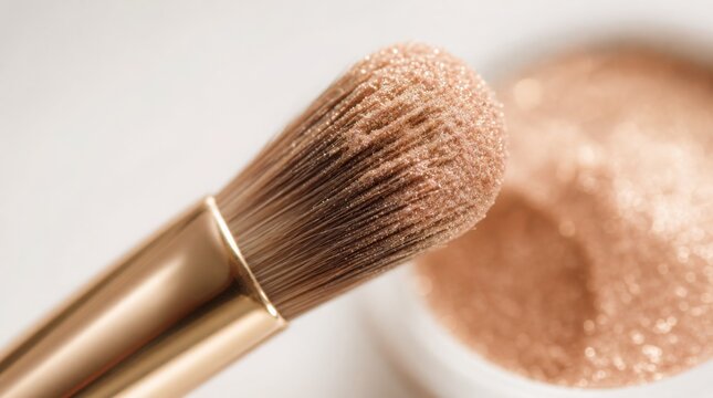 A close-up of a makeup brush applying shimmering rose gold eyeshadow powder with a soft blurred background.