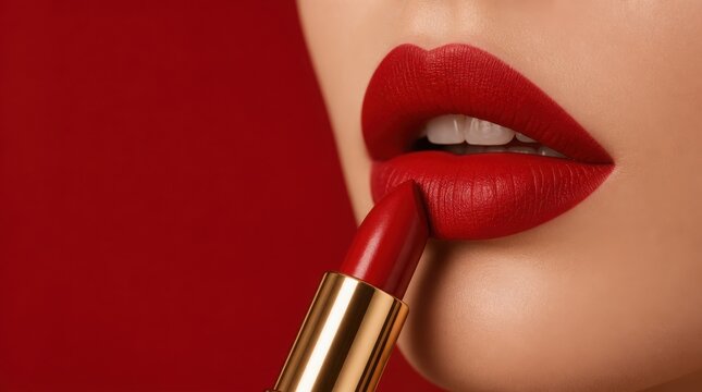 Close-up of lips applying vibrant red lipstick, showcasing smooth skin and a matte finish against a matching red background.