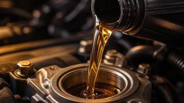 Motor oil is being poured into a car engine during maintenance, ensuring proper lubrication and performance.
