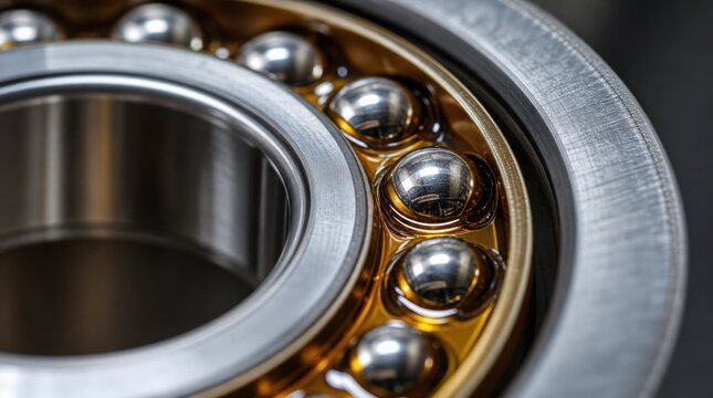 Close-up of a metallic ball bearing with shiny steel balls and a lubricating oil layer inside the bearing race.