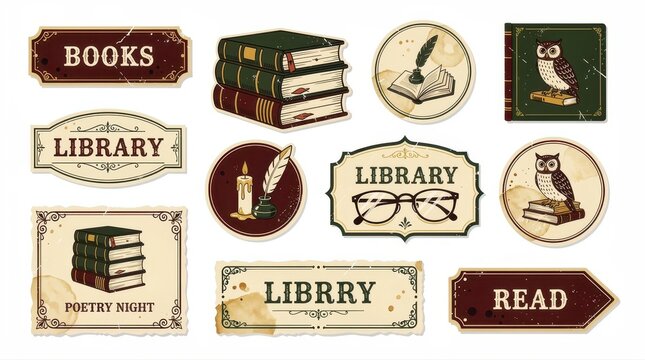 Vintage library and book themed stickers and labels set. Illustrations feature owls, quills, and book stacks. Academic aesthetic for digital journaling, reading blogs, and library event marketing.