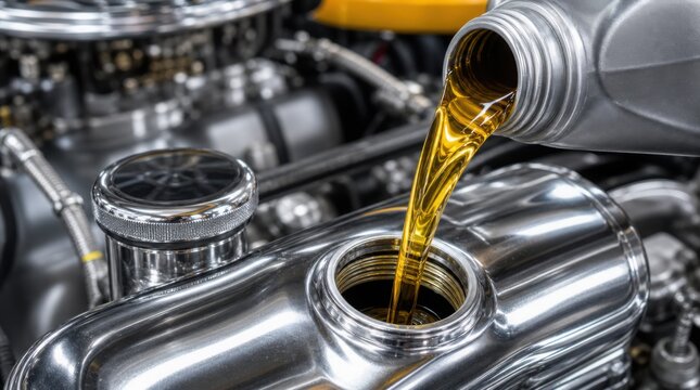 Oil is being poured into a car engine, highlighting vehicle maintenance and lubrication.