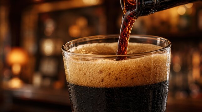 Dark beer with rich foam being poured into a glass, showcasing a smooth and creamy texture in a cozy, warm-lit setting.