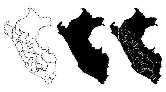 Peru map vector illustration, outline, solid, and with regions