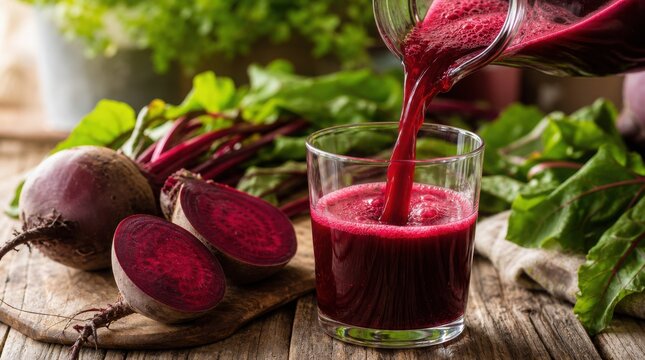 Fresh beetroot juice is being poured into a glass on a rustic wooden table surrounded by whole and sliced beets and leafy greens.