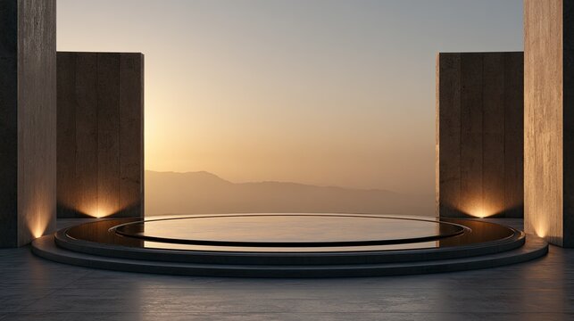 Elevated circular platform with warm lighting and a serene mountain backdrop