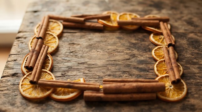 Dried orange slices and cinnamon sticks arranged square frame on rustic dark wood. Warm autumn seasoning background. Top view flat lay composition with natural light. Cozy winter holiday concept.