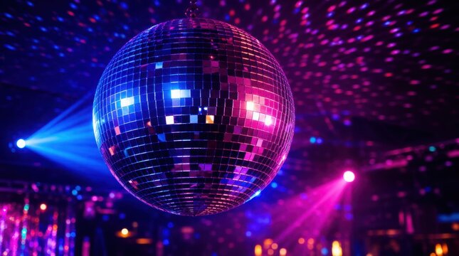 A shiny disco ball reflects colorful purple and blue lights, creating a vibrant party atmosphere with sparkling patterns in a dark room.