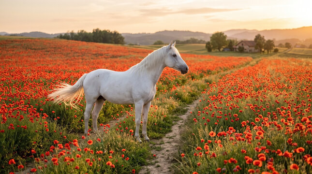 Lipizzaner horse standing majestically in a vibrant red poppy field on a path during golden hour sunset for nature blogs, travel websites, and rural landscape art.