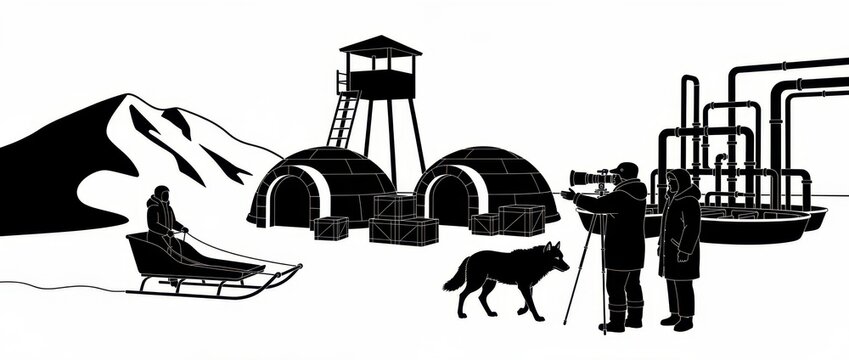 Arctic research station silhouette with pipelines and researchers. Figures documenting the site near igloo domes and sled. Energy exploration and science themes for environment topics.