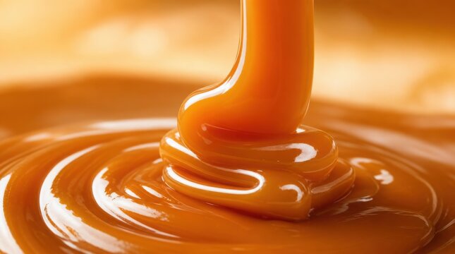 Smooth, golden caramel sauce being poured and swirling in a rich, glossy pool.