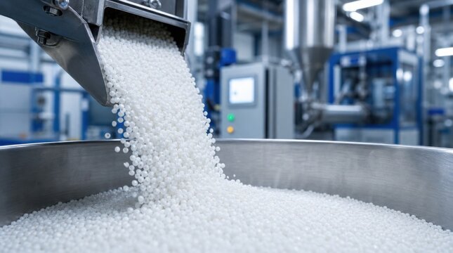 White plastic pellets are being poured from a machine into a large stainless steel container in a manufacturing setting.
