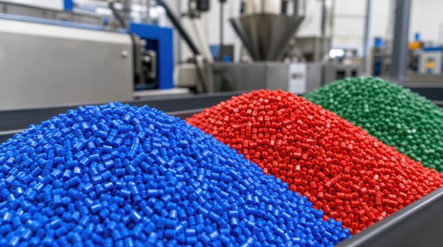 Blue, red, and green plastic pellets are sorted in piles at a manufacturing facility with machinery in the background.
