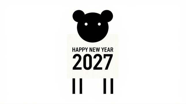 Minimalist black sheep illustration with Happy New Year 2027 text. Simple flat vector design for the Year of the Sheep zodiac. Oriental lunar calendar theme, ideal for 2027 greeting cards.