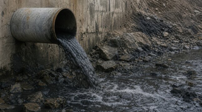 Dark polluted water flows from a concrete drainage pipe into a contaminated, rocky area.