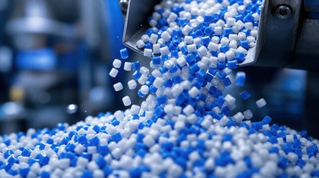 Blue and white plastic pellets pouring from a metal chute in an industrial manufacturing setting.
