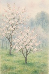Naklejka premium Delicate pink floral orchard with misty soft background in watercolor style