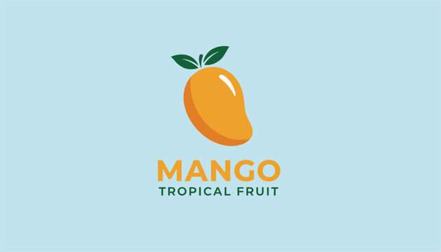 Mango tropical fruit logo featuring a simple orange mango icon with two green leaves on a light blue background.