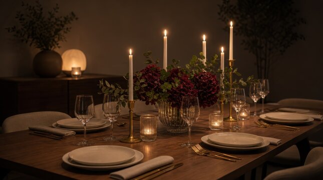 A cozy, elegant dining table set for dinner with candles, flowers, and neatly arranged plates and glasses in a warm, softly lit room.