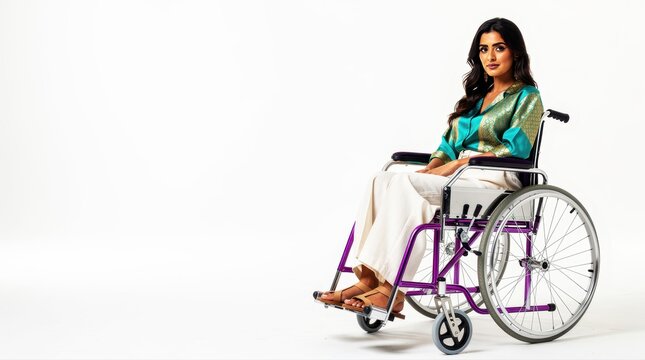 South Asian woman in a purple wheelchair on white background. Stylish Indian female posing with mobility equipment. Disability inclusion concept for healthcare and diversity marketing.