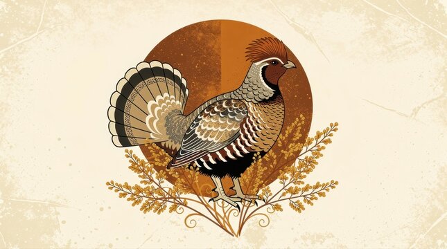 Stylized illustration of a ruffed grouse against a circular backdrop with botanical accents. Detailed game bird artwork featuring earth tones and vintage textures. Ideal for wildlife graphics.
