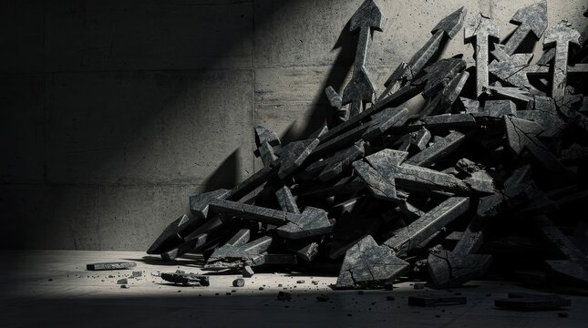Pile of broken stone arrows against a dark concrete wall. Shattered symbols of direction lying in dramatic light. Economic failure and loss of direction concept for business crisis themes.