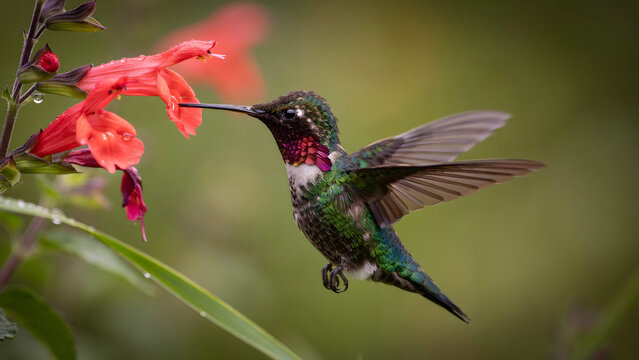 A vibrant hummingbird with iridescent green feathers and a bright red throat hovering in mid-air while feeding from a tubular orange flower