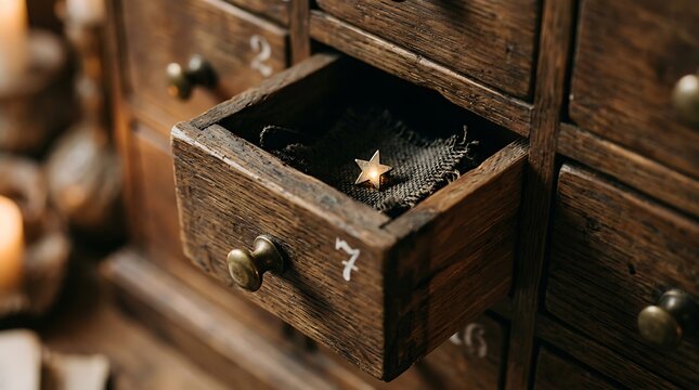 Vintage open wooden apothecary drawer with number 7. Antique cabinet, brass knob handles, rustic texture, old medicine box with star decoration.
