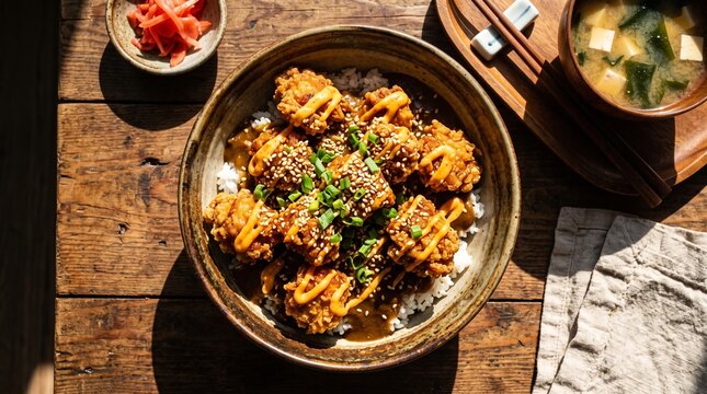 Japanese fried chicken rice bowl karaage don with miso soup on wooden table.