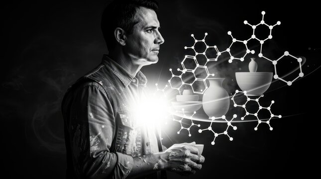 Man potter observing digital molecular structures and ceramics. Artist visualizing chemical composition and vessel designs. Innovation concept for craft technology and modern art marketing.