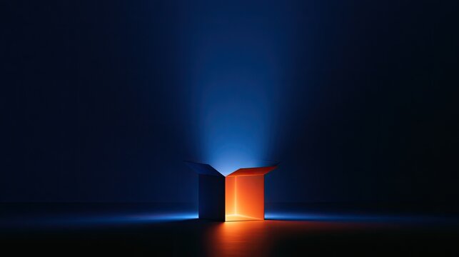 Opened box emits glowing orange and blue light against dark background