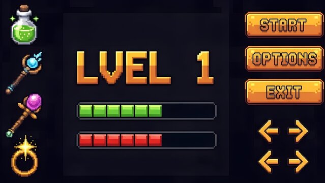 Pixel art game UI set, retro level 1 interface with health bars and buttons, 8-bit fantasy RPG assets for mobile gaming