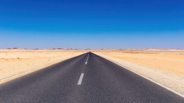 cynic. A long desert highway under a harsh sun with heat haze on the horizon. travel magazines, destination branding, designed for outdoor magazines and nature guides, used by social media managers.
