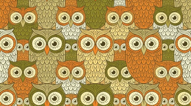 Seamless pattern of stylized illustrated owls in earthy tones. Retro hand-drawn design with repetitive bird motifs. Artistic background concept, ideal for textiles, gift wrap, and nature themes.