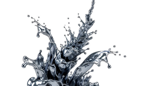 Liquid silver splash isolated on white. Metallic chrome fluid wave with dynamic droplets.