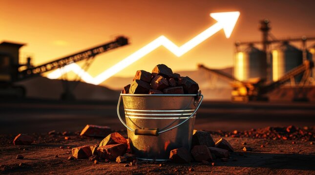 Metal bucket filled with raw ore at a mining site. Industrial equipment and a rising growth arrow highlight the background during sunset. Represents rising commodity prices and mining success.