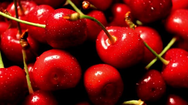 Close up of fresh ripe red cherries with water droplets background