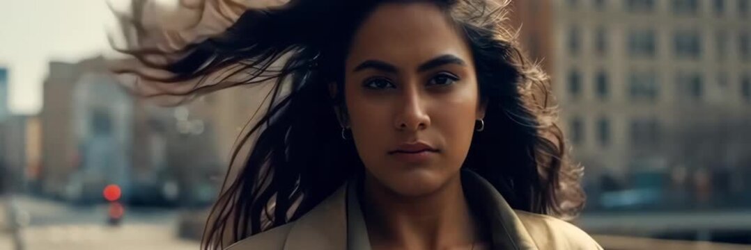 Portrait of confident young Iranian woman in urban setting, Persian identity and modern society concept website banner