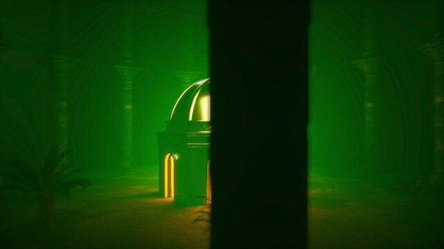 Cinematic 3D Render of Ancient Islamic Temple in Dark Green Cavern