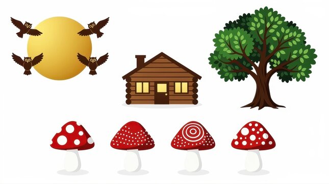 Forest vector set with log cabin, owls, moon, and leafy tree. Features red spotted mushrooms isolated on white. Woodland theme, perfect for kids book art and nature design assets.