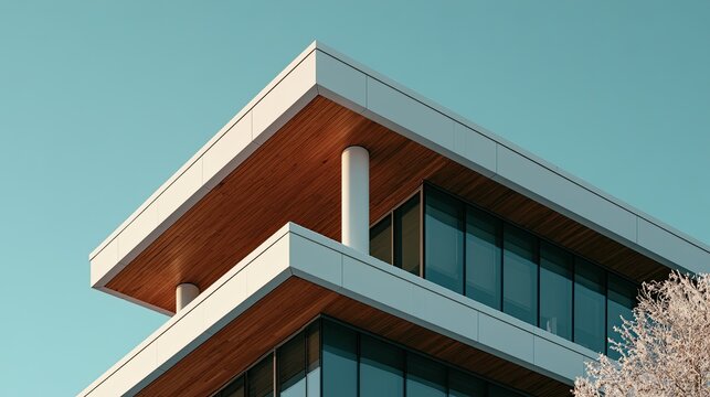 Modern building exterior with geometric lines and wooden accents under sky